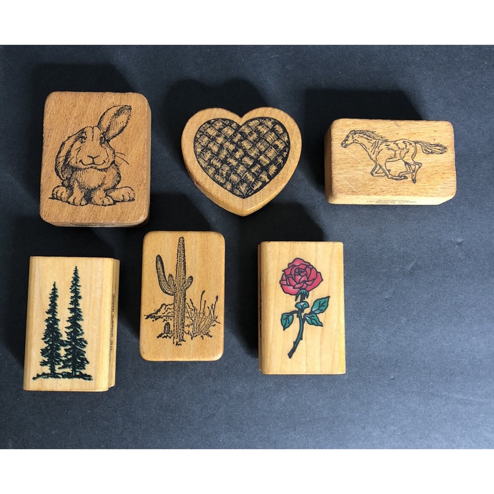 6 Comotion Rubber Stamps Wood Mounted Horse Stallion Hearts Floral Bunny Cactus